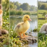 Baby animal names illustration showing a fox kit, duckling, and lamb in separate scenes