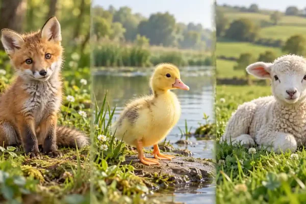 Baby animal names illustration showing a fox kit, duckling, and lamb in separate scenes