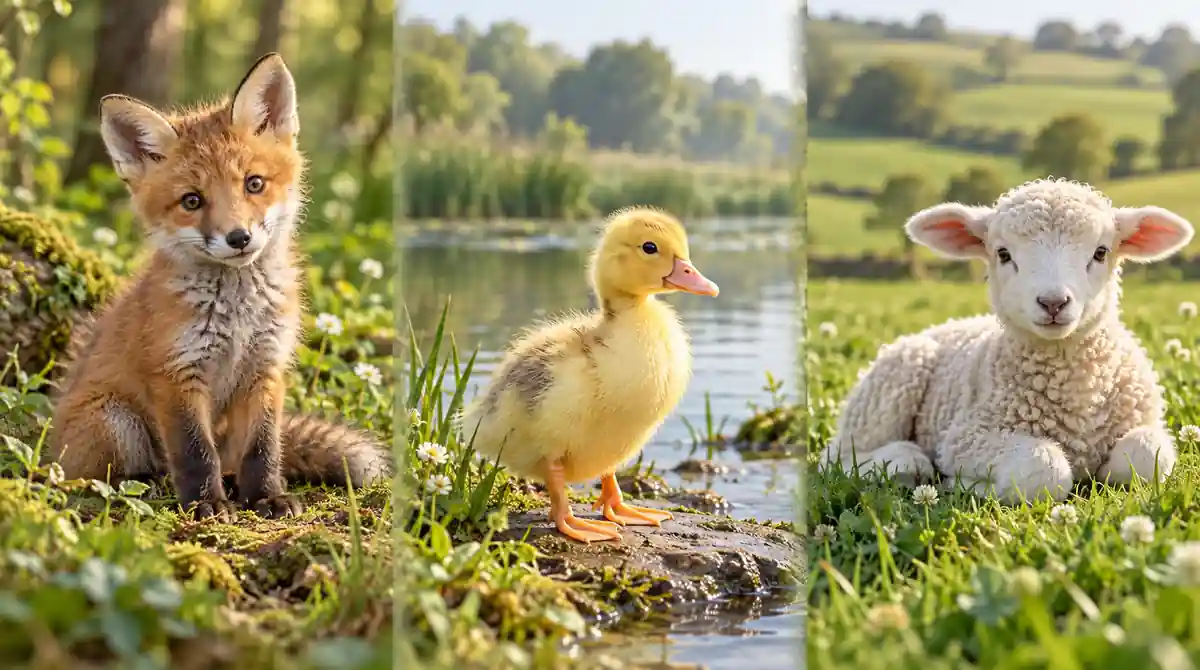 Baby animal names illustration showing a fox kit, duckling, and lamb in separate scenes