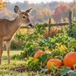 AI-generated illustration of a white-tailed doe beside a pumpkin patch