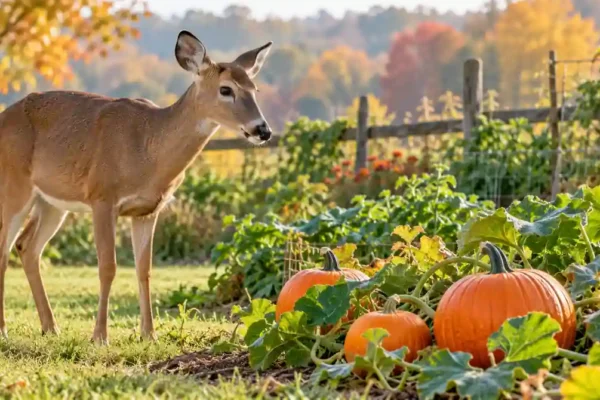 AI-generated illustration of a white-tailed doe beside a pumpkin patch
