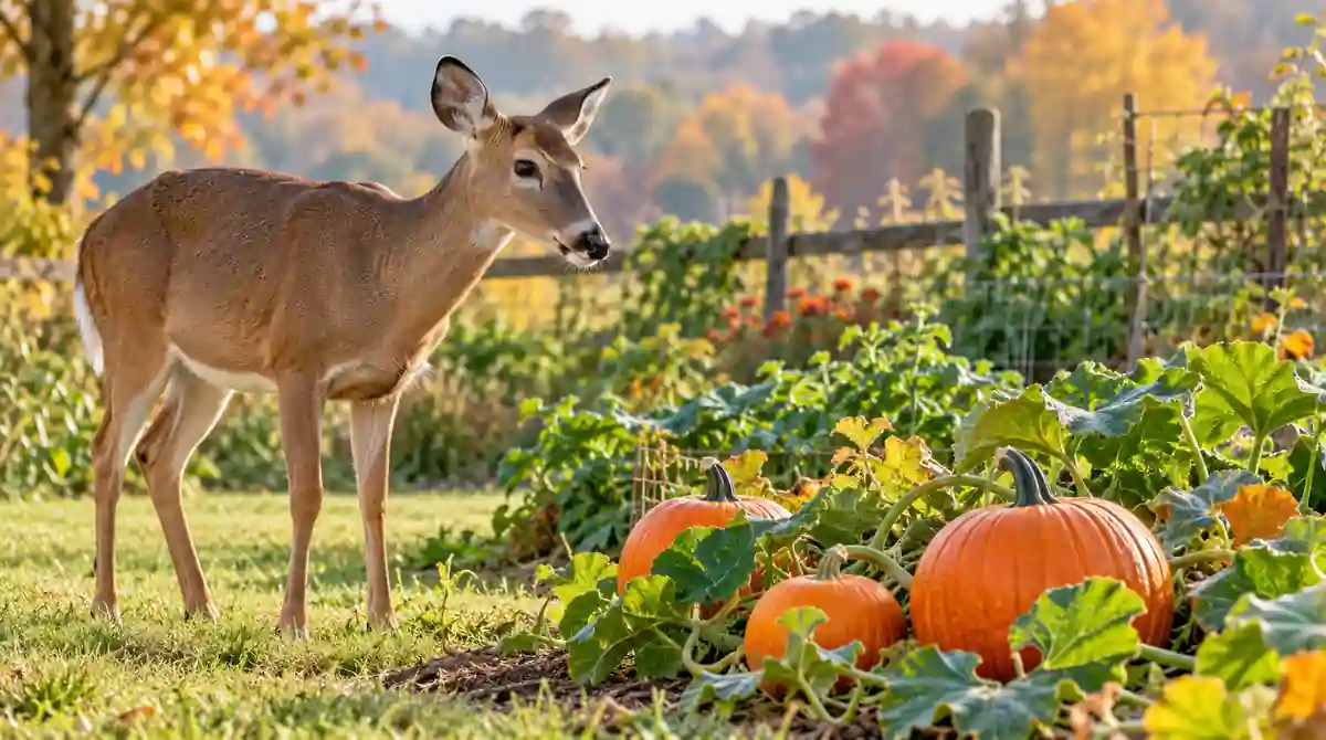 AI-generated illustration of a white-tailed doe beside a pumpkin patch