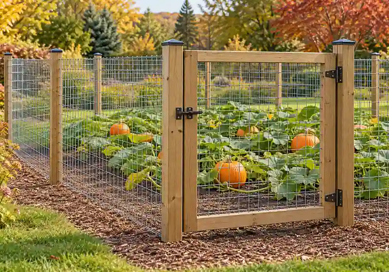 AI-generated illustration of pumpkins inside a garden enclosure with a closed gate