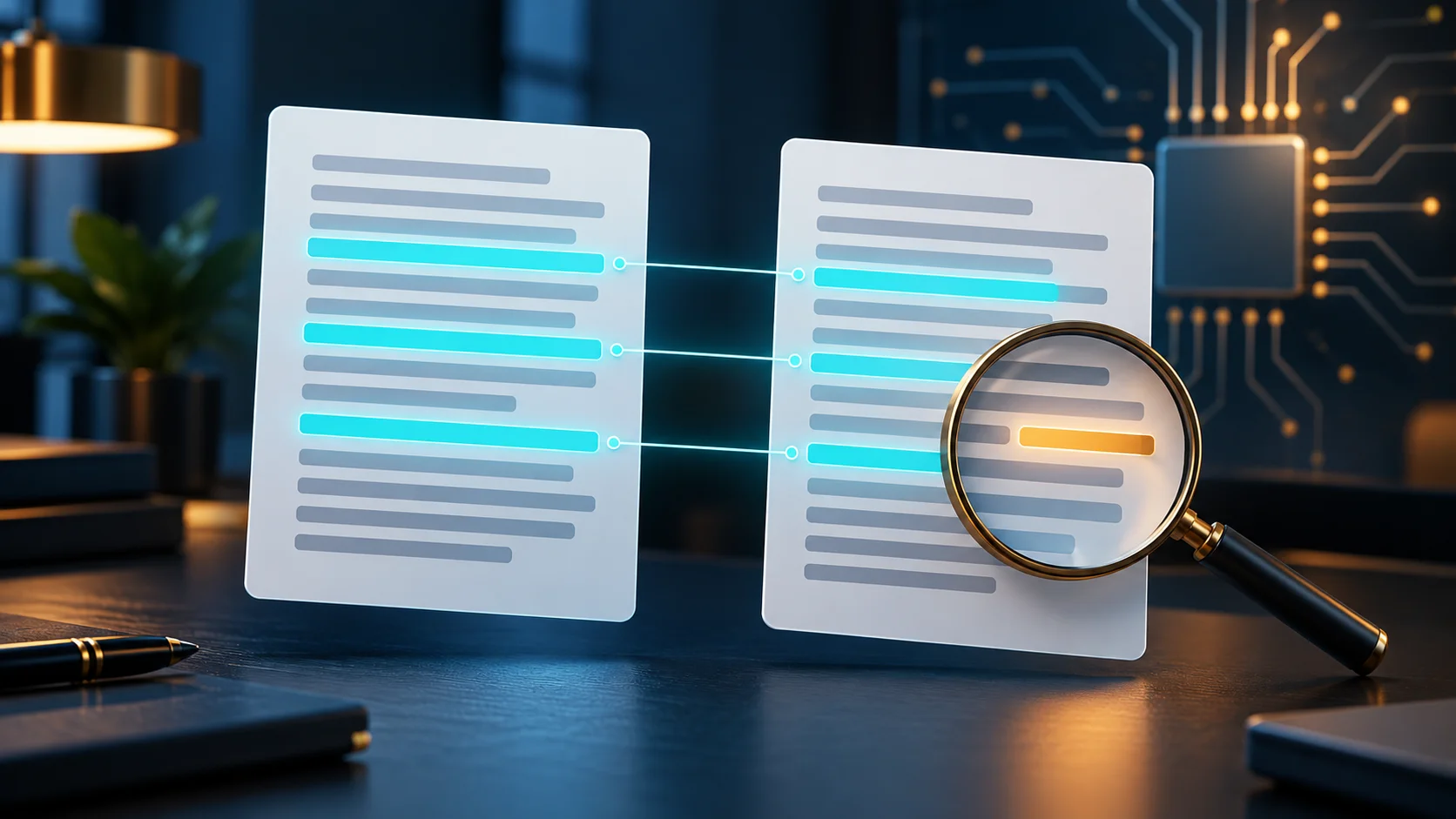 Two document panels with matching highlighted lines and a magnifying glass revealing a difference in the rewritten version.