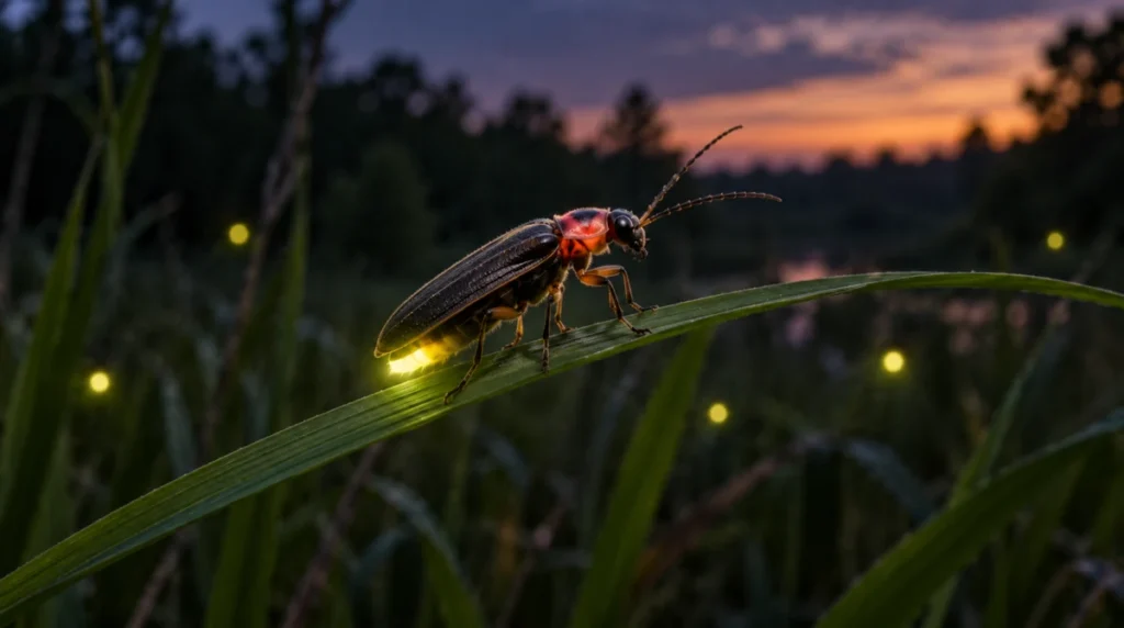 Firefly with a glowing abdomen resting on a blade of grass at dusk.