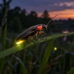Firefly with a glowing abdomen resting on a blade of grass at dusk.
