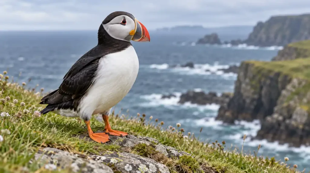 Atlantic puffin in breeding plumage standing on a grassy coastal cliff
