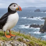 Atlantic puffin in breeding plumage standing on a grassy coastal cliff