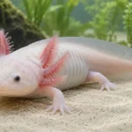Pale leucistic axolotl with dark eyes and pink external gills underwater