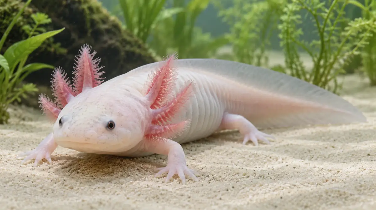 Pale leucistic axolotl with dark eyes and pink external gills underwater