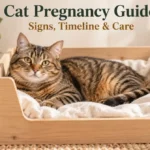 Tabby cat resting in a clean nesting box beside a water bowl.