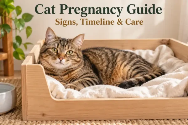 Tabby cat resting in a clean nesting box beside a water bowl.