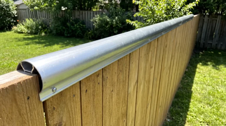 A metal coyote roller bar installed on top of a backyard wooden privacy fence for pet protection.