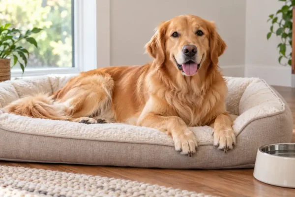 Golden retriever resting comfortably during a dog heat cycle