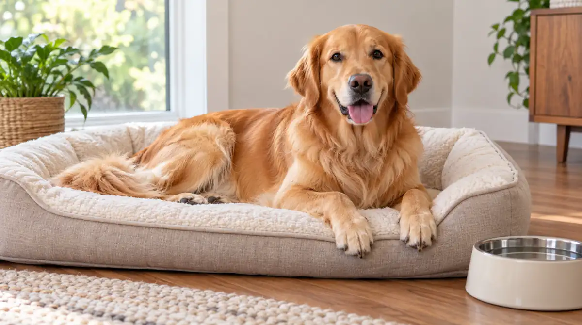 Golden retriever resting comfortably during a dog heat cycle