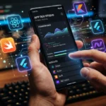 Hands holding a smartphone displaying an app development dashboard surrounded by mobile development framework icons.