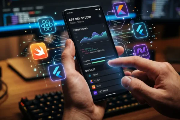 Hands holding a smartphone displaying an app development dashboard surrounded by mobile development framework icons.