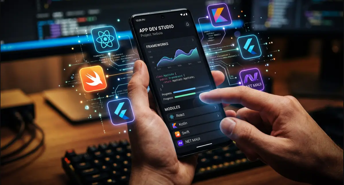 Hands holding a smartphone displaying an app development dashboard surrounded by mobile development framework icons.