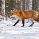 Red fox walking across snow at the edge of a woodland