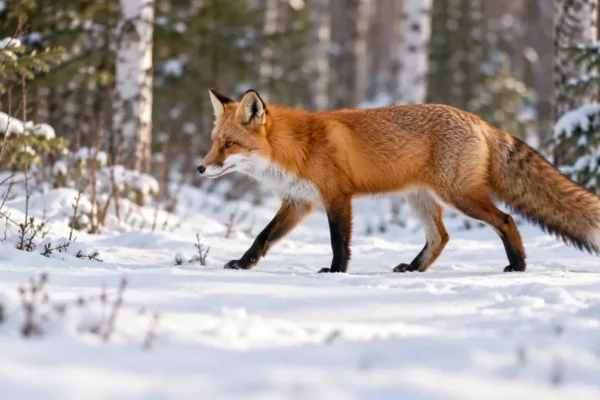 Red fox walking across snow at the edge of a woodland