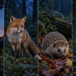Nocturnal animals collage showing a barn owl, red fox, hedgehog, and raccoon