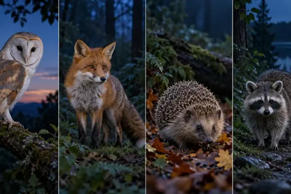 Nocturnal animals collage showing a barn owl, red fox, hedgehog, and raccoon