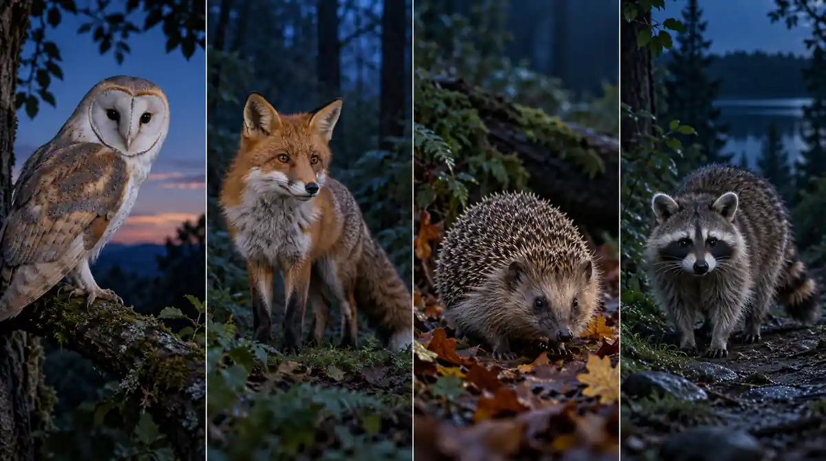 Nocturnal animals collage showing a barn owl, red fox, hedgehog, and raccoon