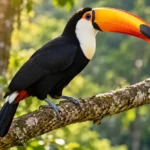 Toco toucan with an orange bill perched on a branch against green foliage