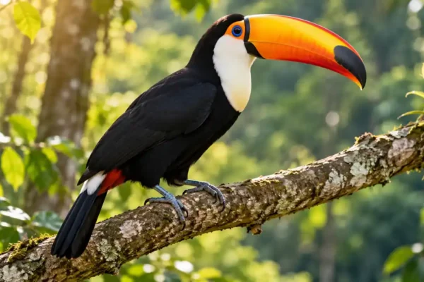 Toco toucan with an orange bill perched on a branch against green foliage