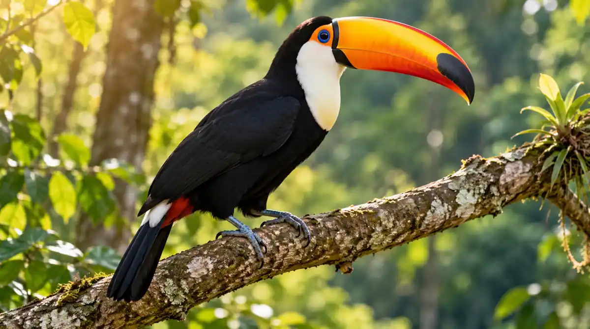 Toco toucan with an orange bill perched on a branch against green foliage
