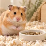 Syrian hamster beside a ceramic dish of hamster pellets.