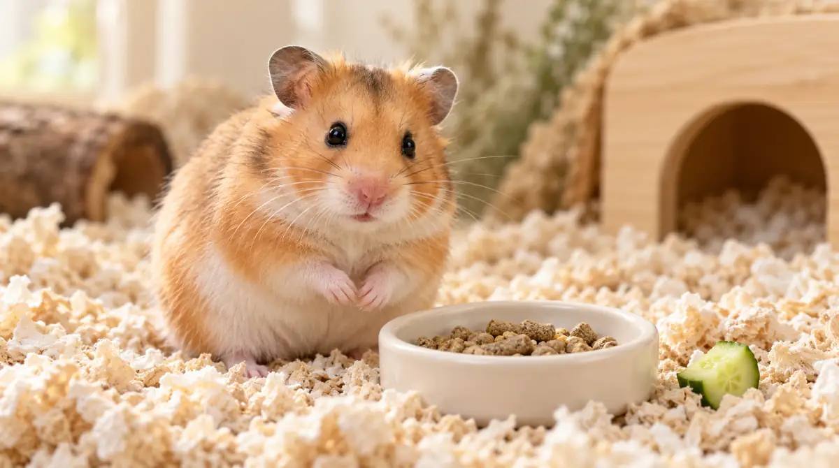 Syrian hamster beside a ceramic dish of hamster pellets.