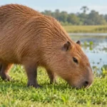 Capybara grazing on green grass beside a wetland
