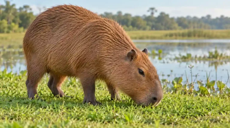 Capybara grazing on green grass beside a wetland