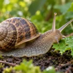 Garden snail feeding on a green leaf on damp soil.